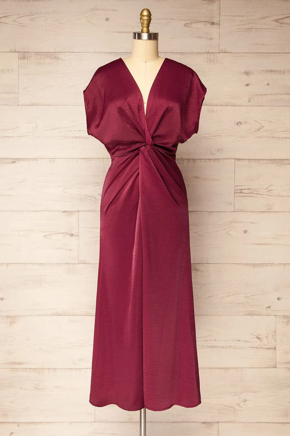 Bossie Burgundy | Long Satin Dress w/ Knot Effect sold by Boutique 1861