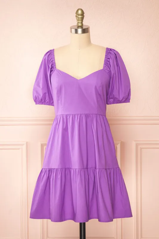 Rochele | Short Tiered Purple Dress w/ Puffy Sleeves sold by Boutique 1861