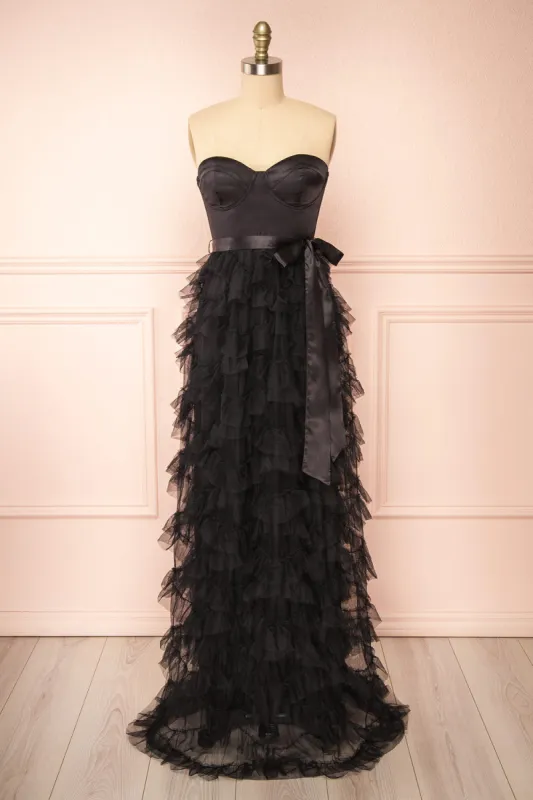Jurin Black | Bustier Maxi Dress w/ Ruffled Tulle sold by Boutique 1861