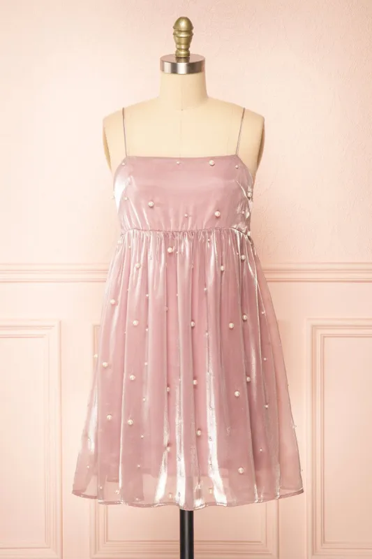 Ardelle | Short Mauve Babydoll Dress w/ Pearls sold by Boutique 1861