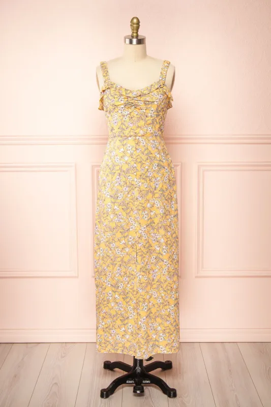 Chrona Yellow | Floral Midi Dress w/ Large Straps sold by Boutique 1861