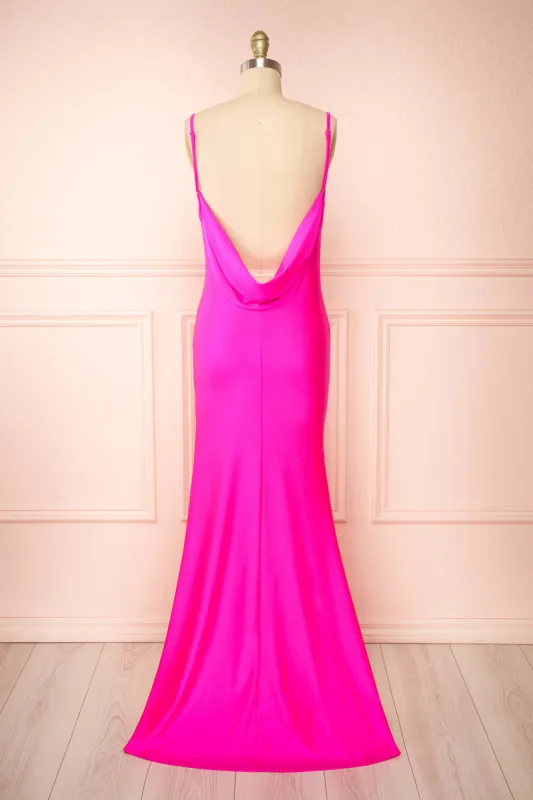 Nixie Fuchsia | Backless Fitted Satin Maxi Dress sold by Boutique 1861