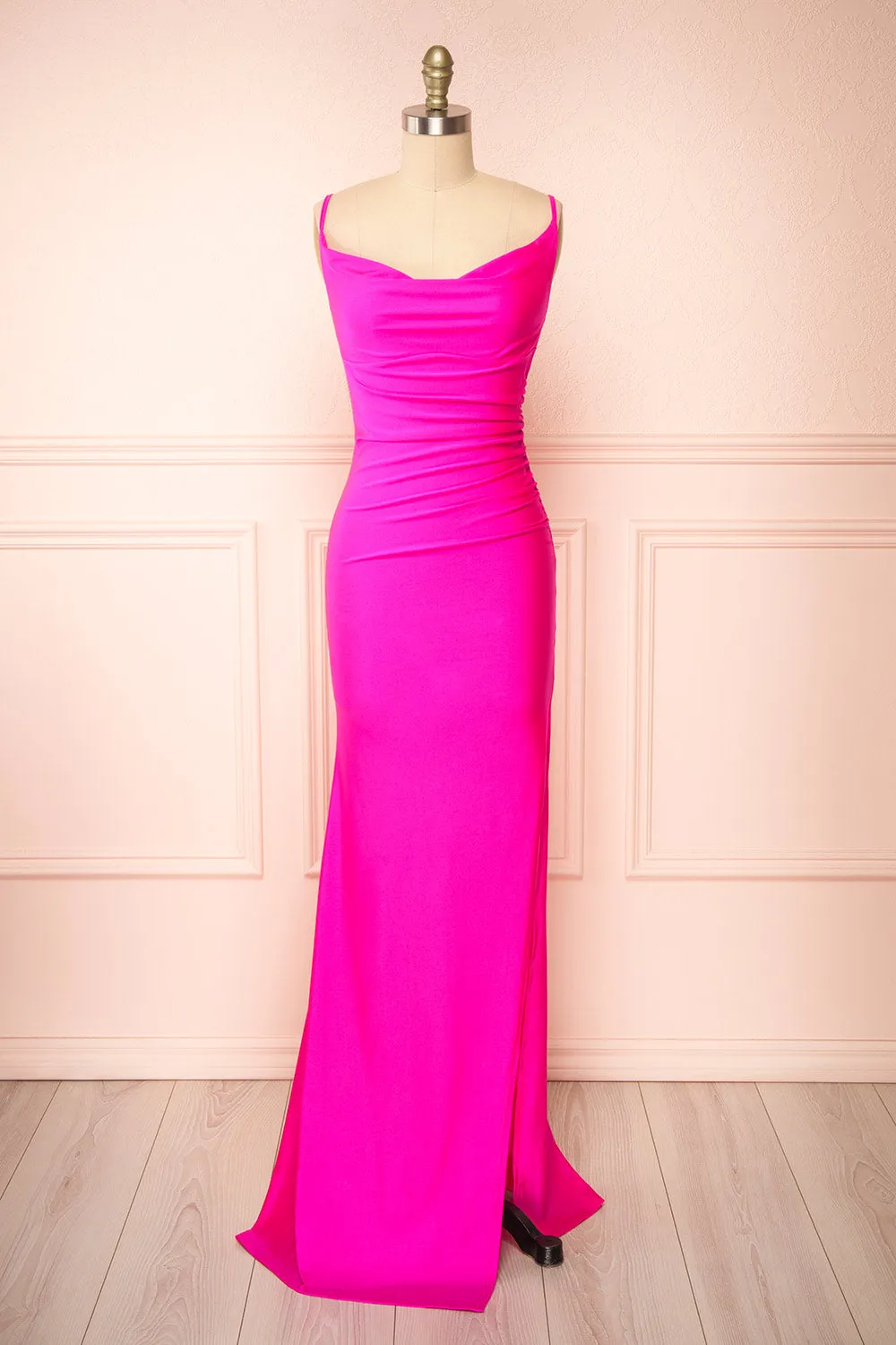 Nixie Fuchsia | Backless Fitted Satin Maxi Dress sold by Boutique 1861 product image thumbnail 3