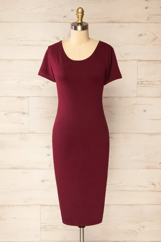 Athens Burgundy | Short Sleeve Fitted Midi Dress sold by Boutique 1861