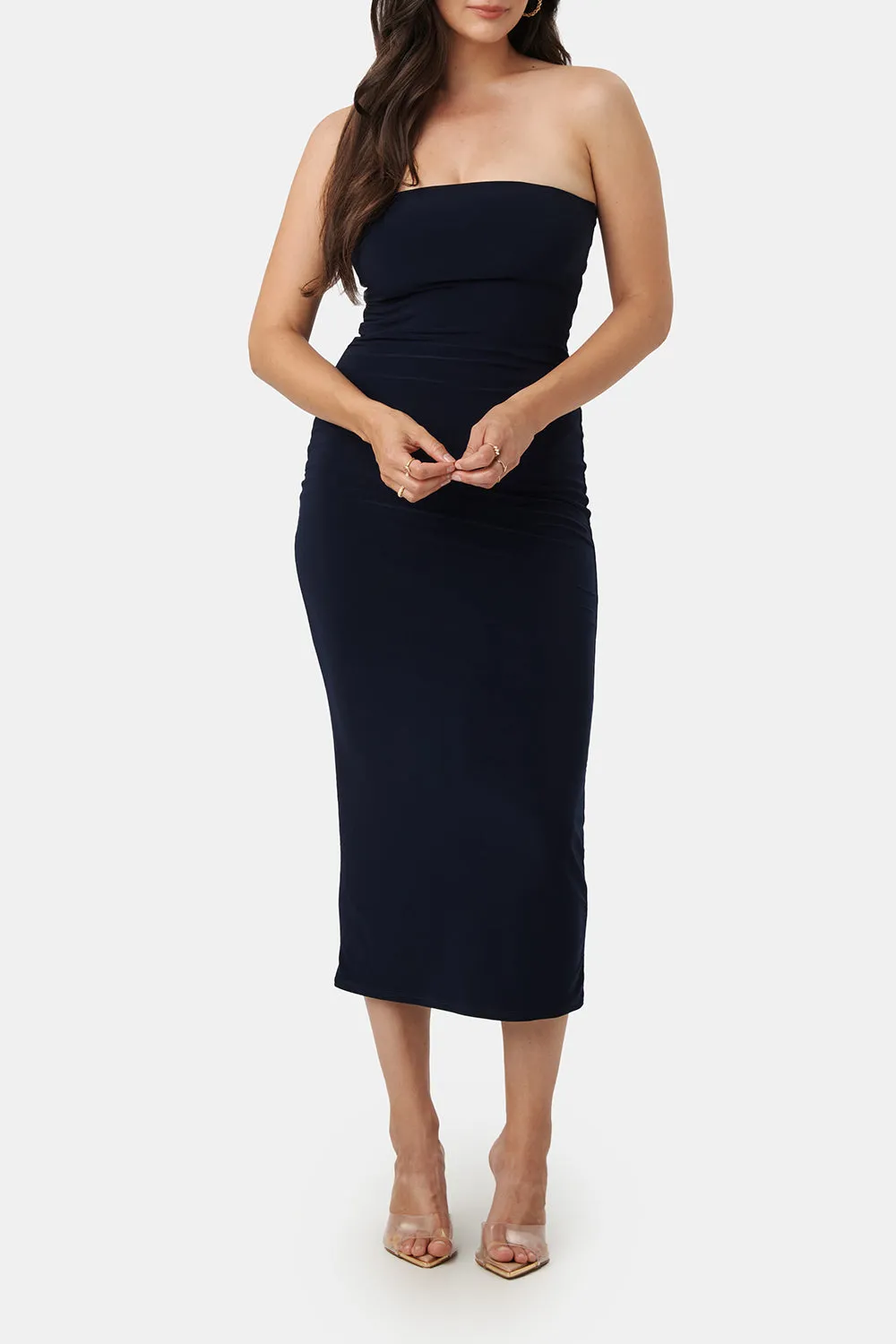 Victorya Navy | Strapless Fitted Midi Dress sold by Boutique 1861 product image thumbnail 2