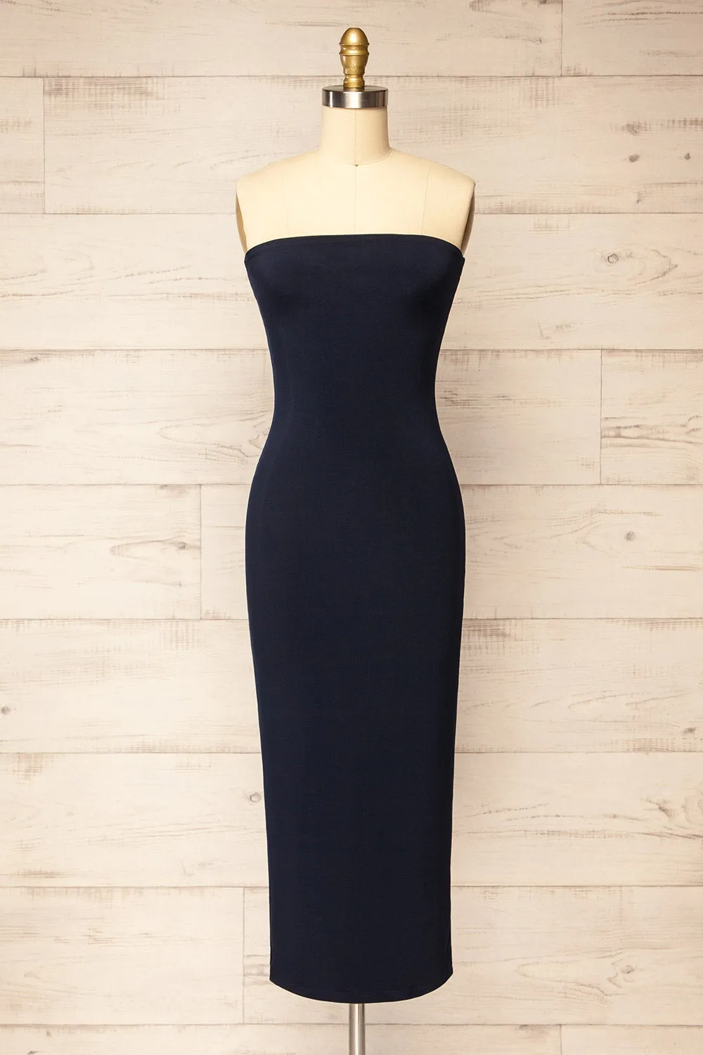 Victorya Navy | Strapless Fitted Midi Dress sold by Boutique 1861