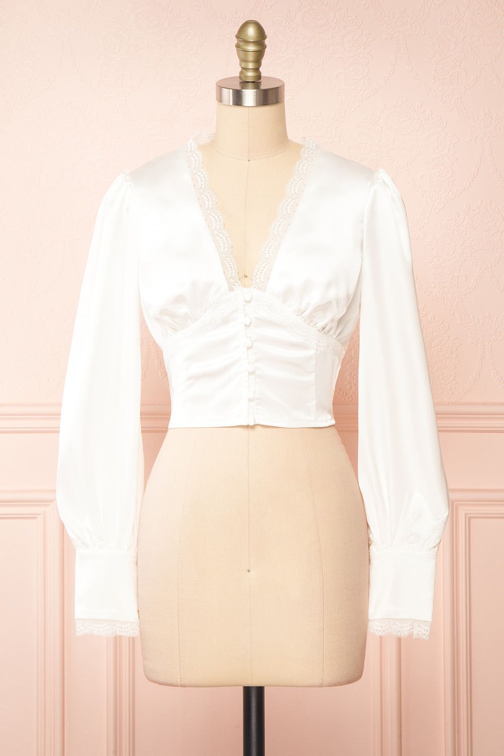 Hisoka | White Satin Blouse w/ Lace Trim sold by Boutique 1861