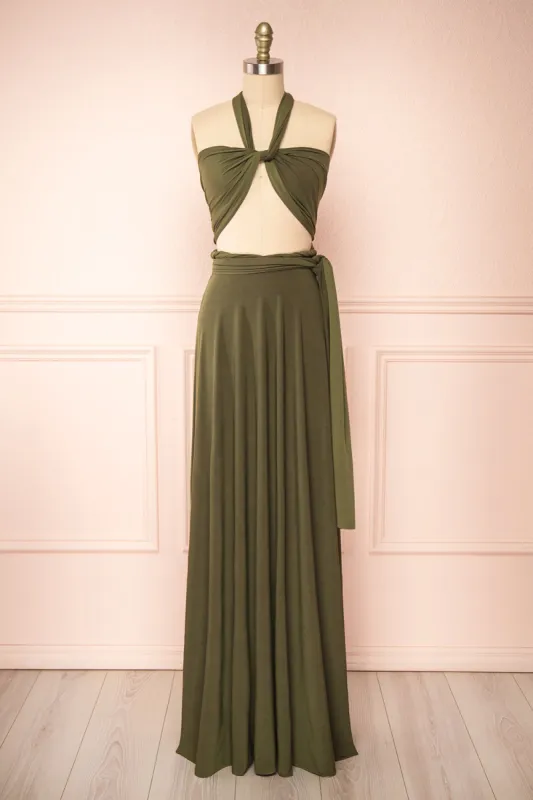 Violaine Khaki | Convertible Maxi Dress sold by Boutique 1861