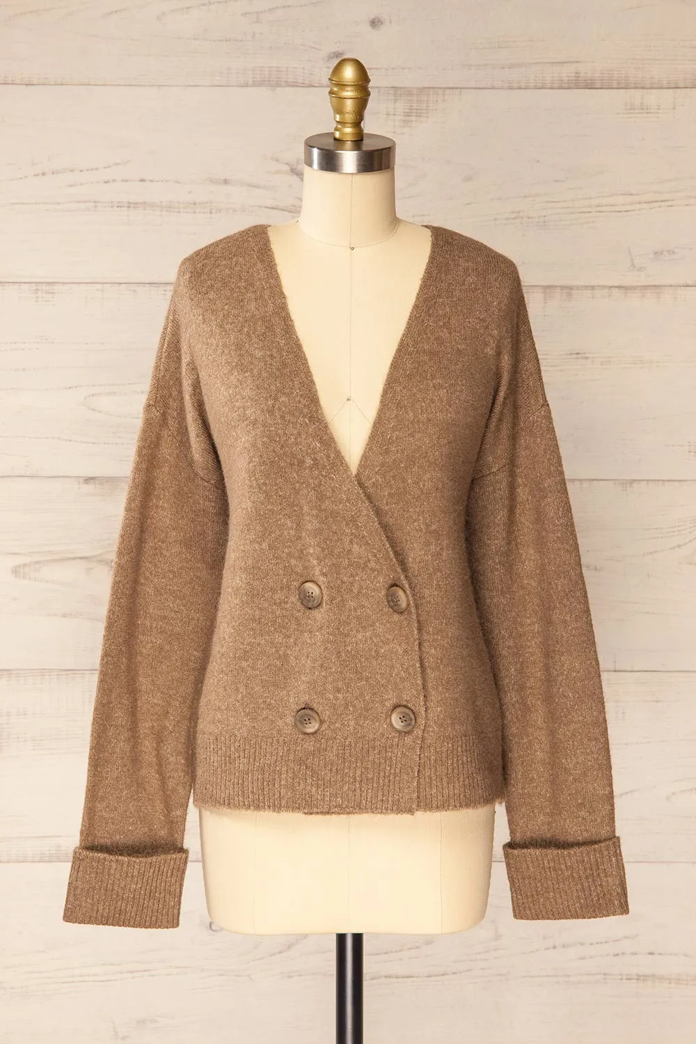 Perceval Taupe | Double-Breasted Knit Cardigan sold by Boutique 1861