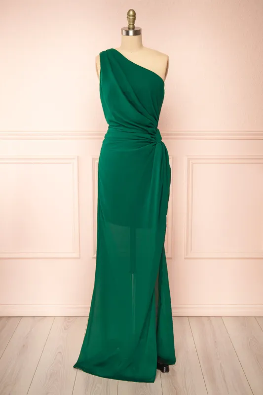 Thaleia | Green One Shoulder Maxi Dress w/ Very High Slit sold by Boutique 1861