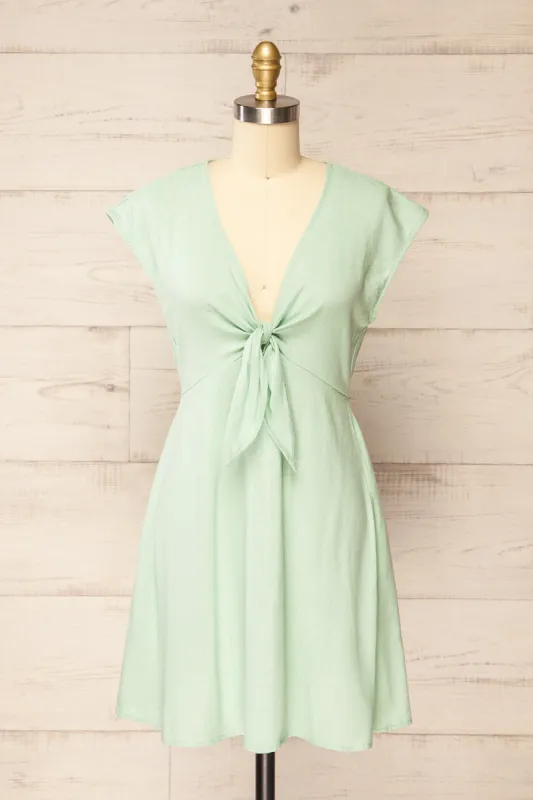 Neko Mint | Short Tie-Front Linen Dress sold by Boutique 1861
