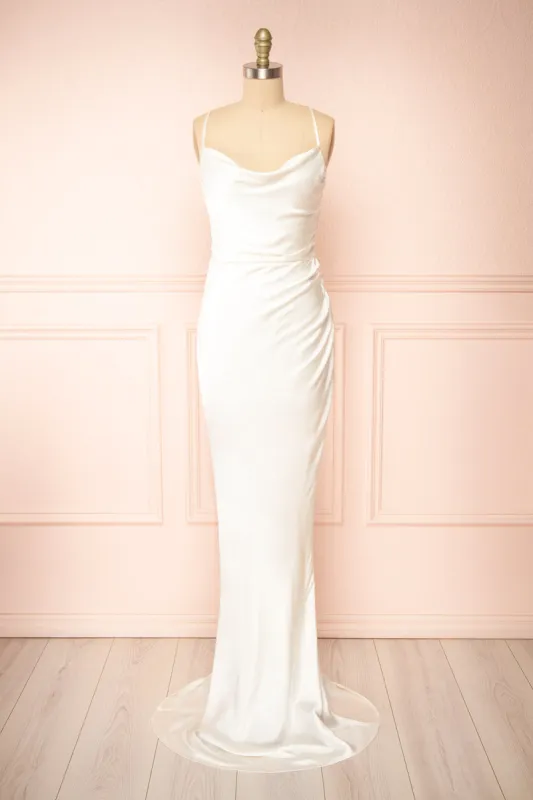 Vannavari | Ivory Cowl Neck Satin Maxi Dress sold by Boutique 1861