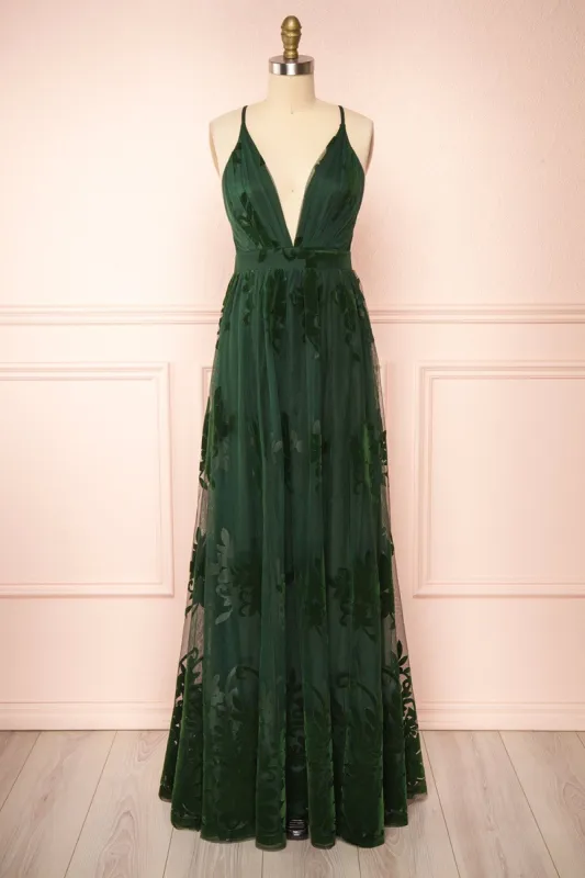 Kailania Green | Plunging Neckline Mesh Maxi Gown sold by Boutique 1861