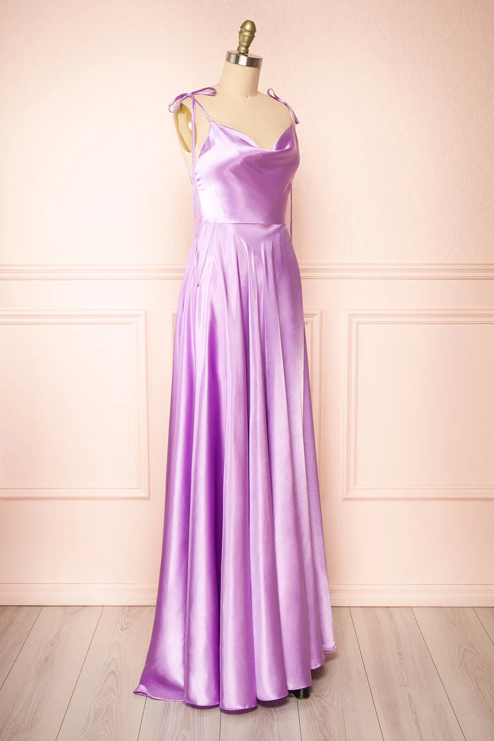 Moira Lavender | Cowl Neck Satin Maxi Dress with High Slit sold by Boutique 1861 product image thumbnail 5
