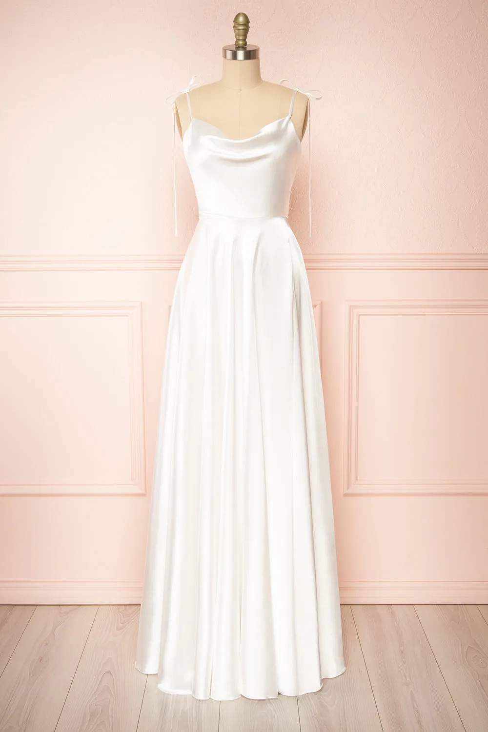 Moira Ivory | Bridal Cowl Neck Satin Gown with High Slit sold by Boutique 1861