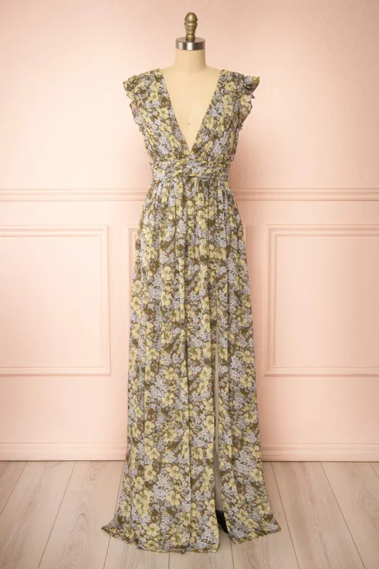 Alinia | Floral Chiffon Maxi Dress w/ Plunging Neckline made by Boutique 1861