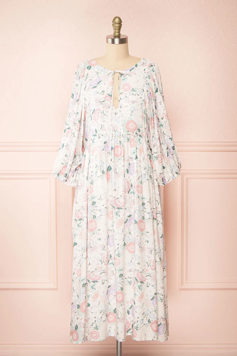 Marla | Long Sleeve White Floral Midi Dress sold by Boutique 1861