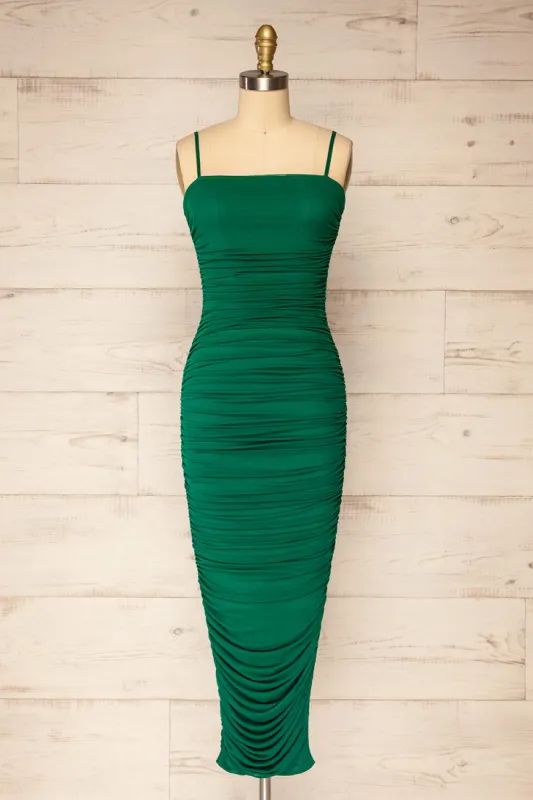 Yurtof Green | Fitted Ruched Midi Dress sold by Boutique 1861