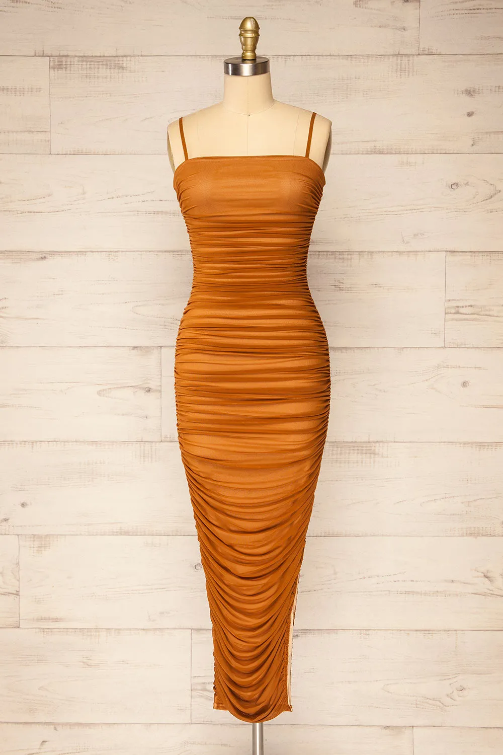 Yurtof Caramel | Fitted Ruched Midi Dress sold by Boutique 1861