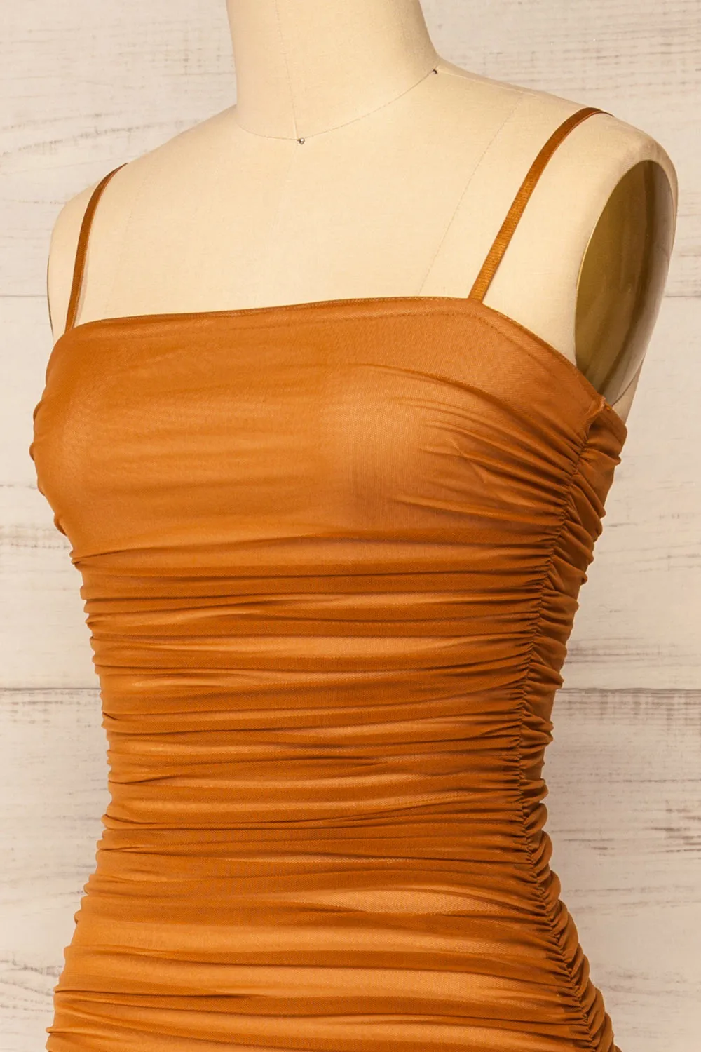Yurtof Caramel | Fitted Ruched Midi Dress sold by Boutique 1861 product image thumbnail 4