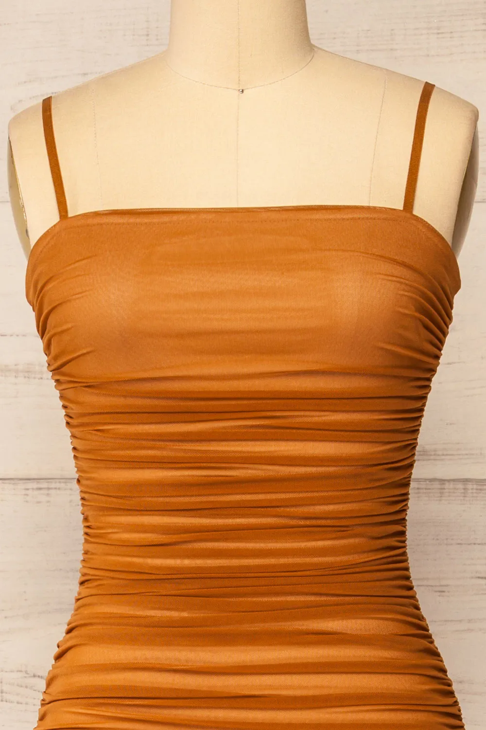 Yurtof Caramel | Fitted Ruched Midi Dress sold by Boutique 1861 product image thumbnail 2
