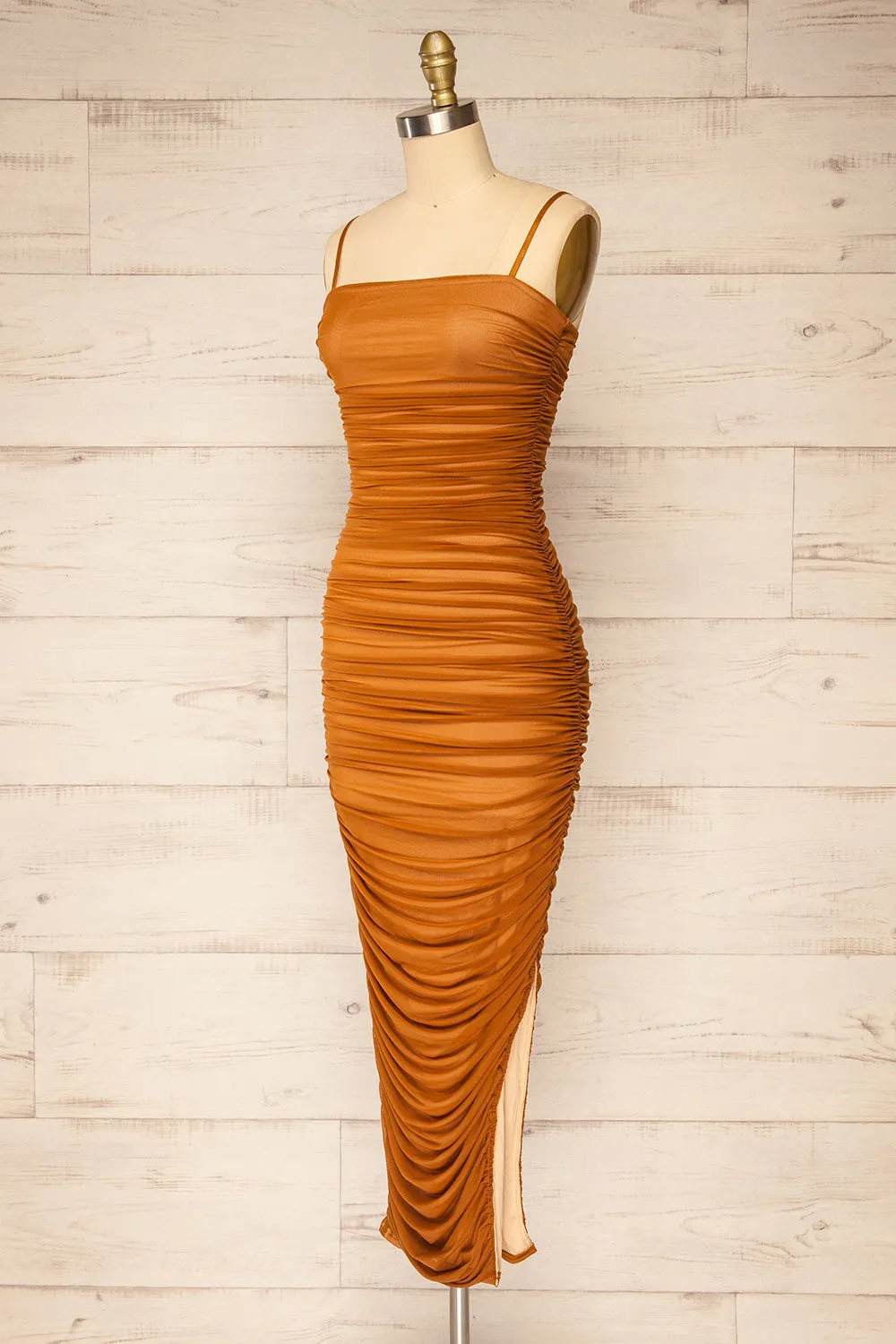 Yurtof Caramel | Fitted Ruched Midi Dress sold by Boutique 1861 product image thumbnail 3