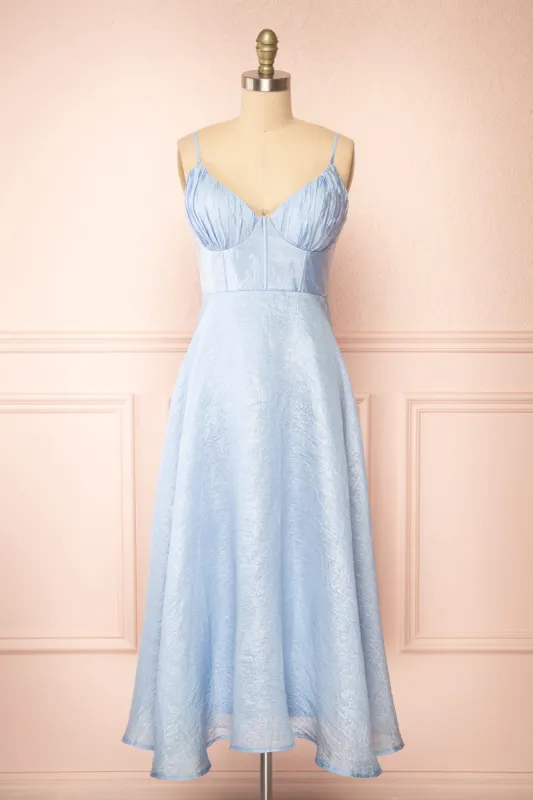 Arajel | Light Blue Textured Satin Midi Dress sold by Boutique 1861