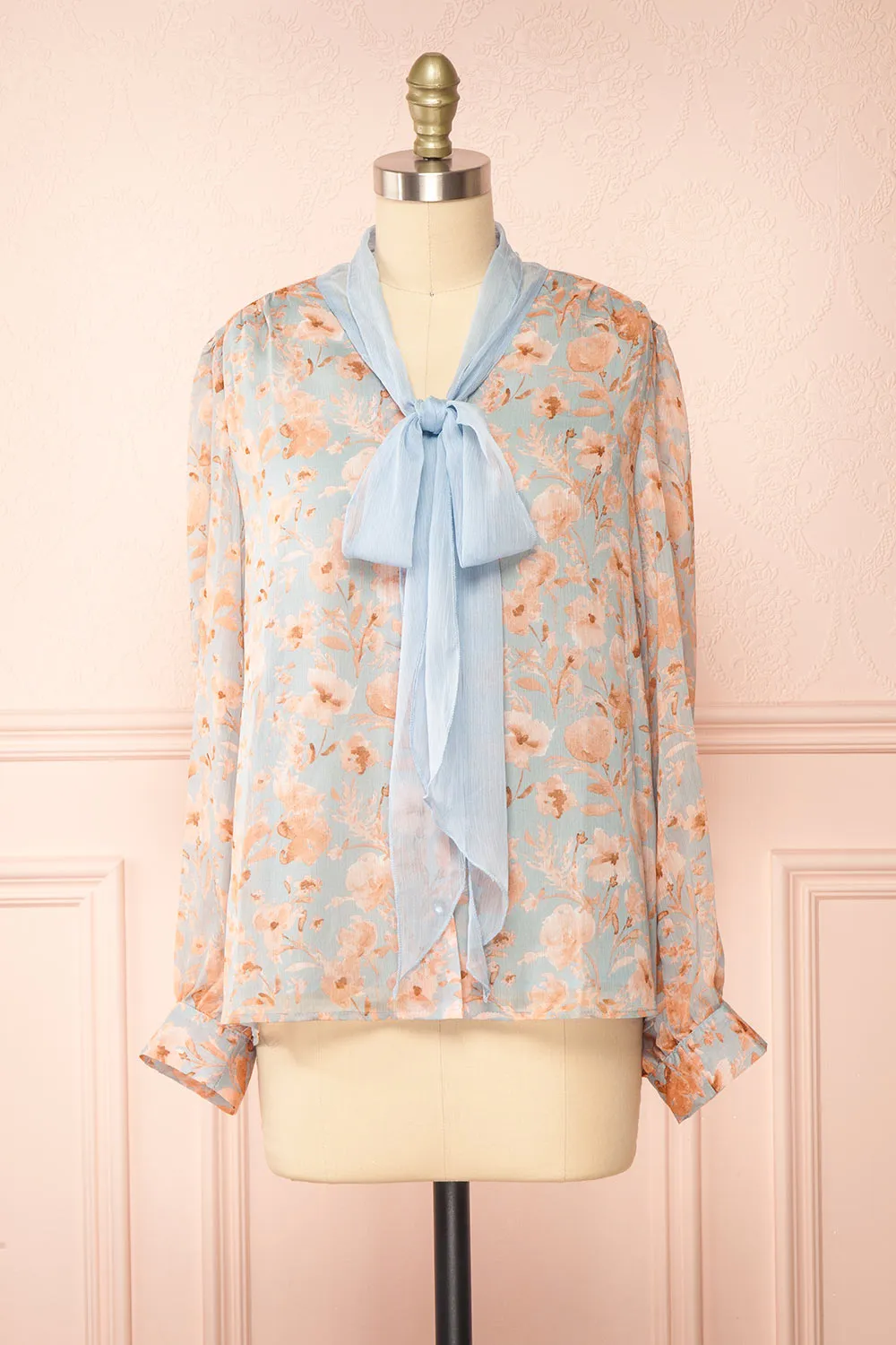 Lydia Blue | Floral Chiffon Blouse w/ Bow Collar sold by Boutique 1861
