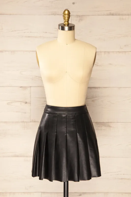 Xichang | Black Faux Leather Short Pleated Skirt sold by Boutique 1861