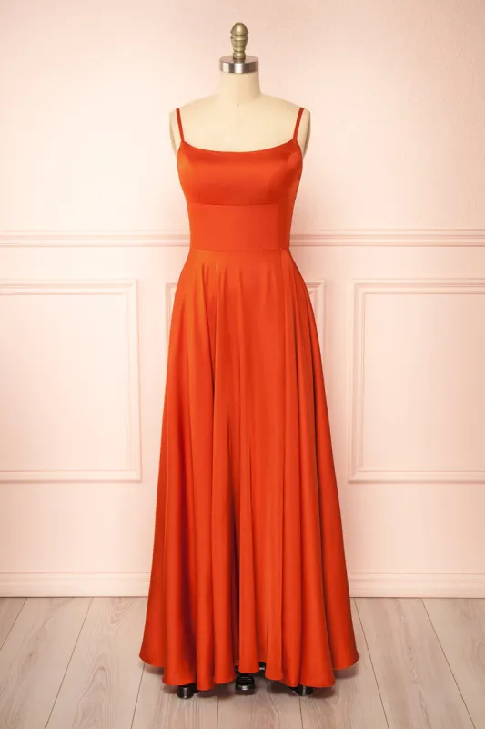 Darcy Rust | Maxi Satin Dress w/ Slit sold by Boutique 1861