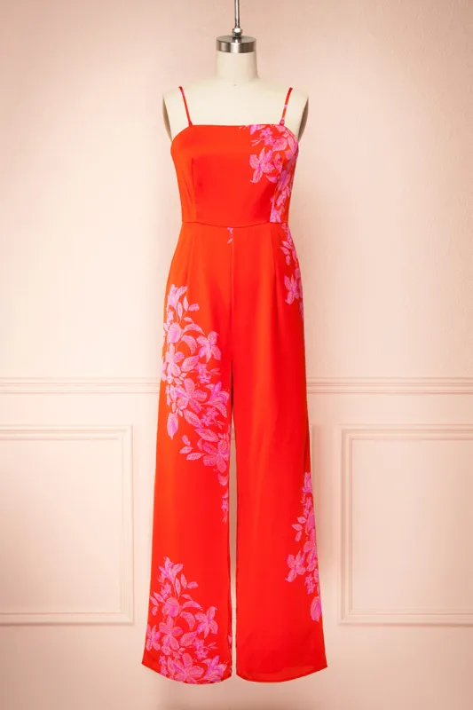 Sherry | Red Floral Satin Jumpsuit w/ Slits sold by Boutique 1861