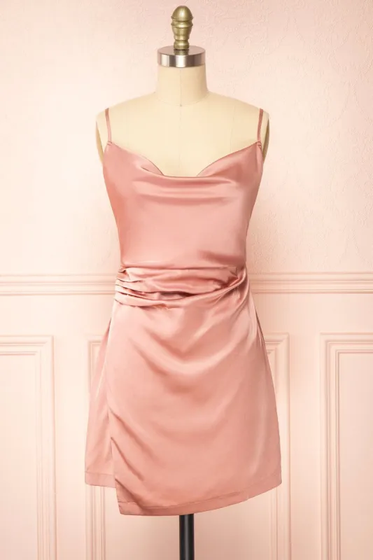 Enya Pink | Short Satin Dress w/ Cowl Neck sold by Boutique 1861