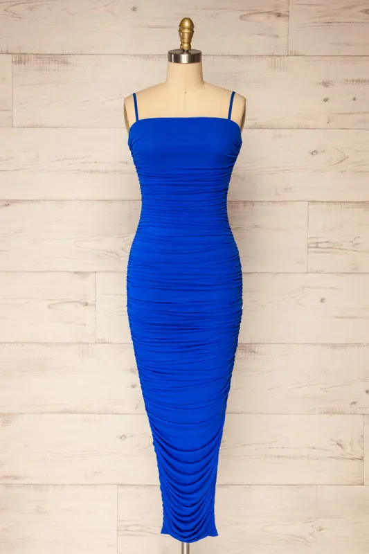 Yurtof Blue | Fitted Ruched Midi Dress sold by Boutique 1861
