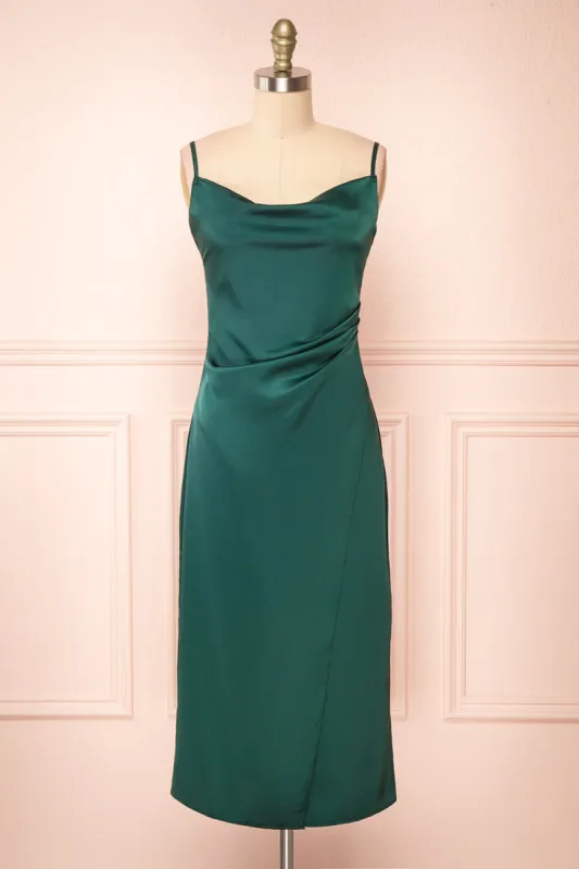 Chloe Green | Satin Cowl Neck Midi Dress sold by Boutique 1861