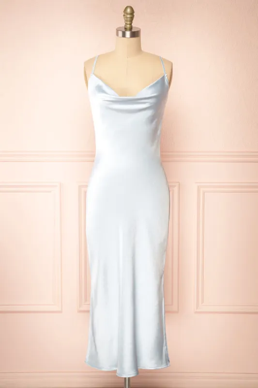 Jessie Blue | Cowl Neck Satin Slip Dress w/ Open Back sold by Boutique 1861