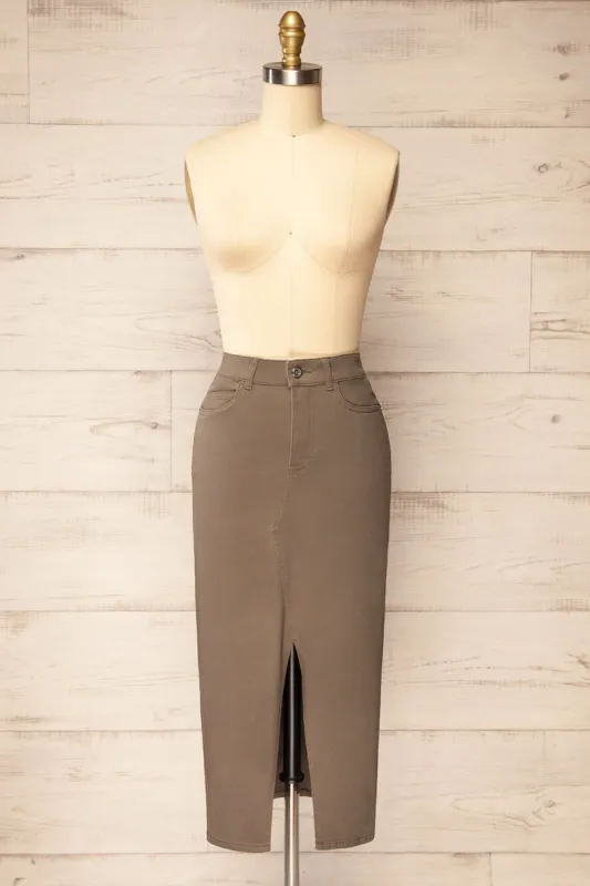 Busan Taupe | Straight Denim Midi Skirt sold by Boutique 1861