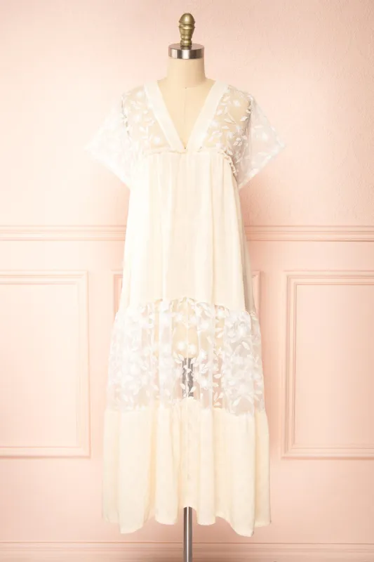 Ailee | Beige & White Tiered Midi Dress w/ Embroidery sold by Boutique 1861