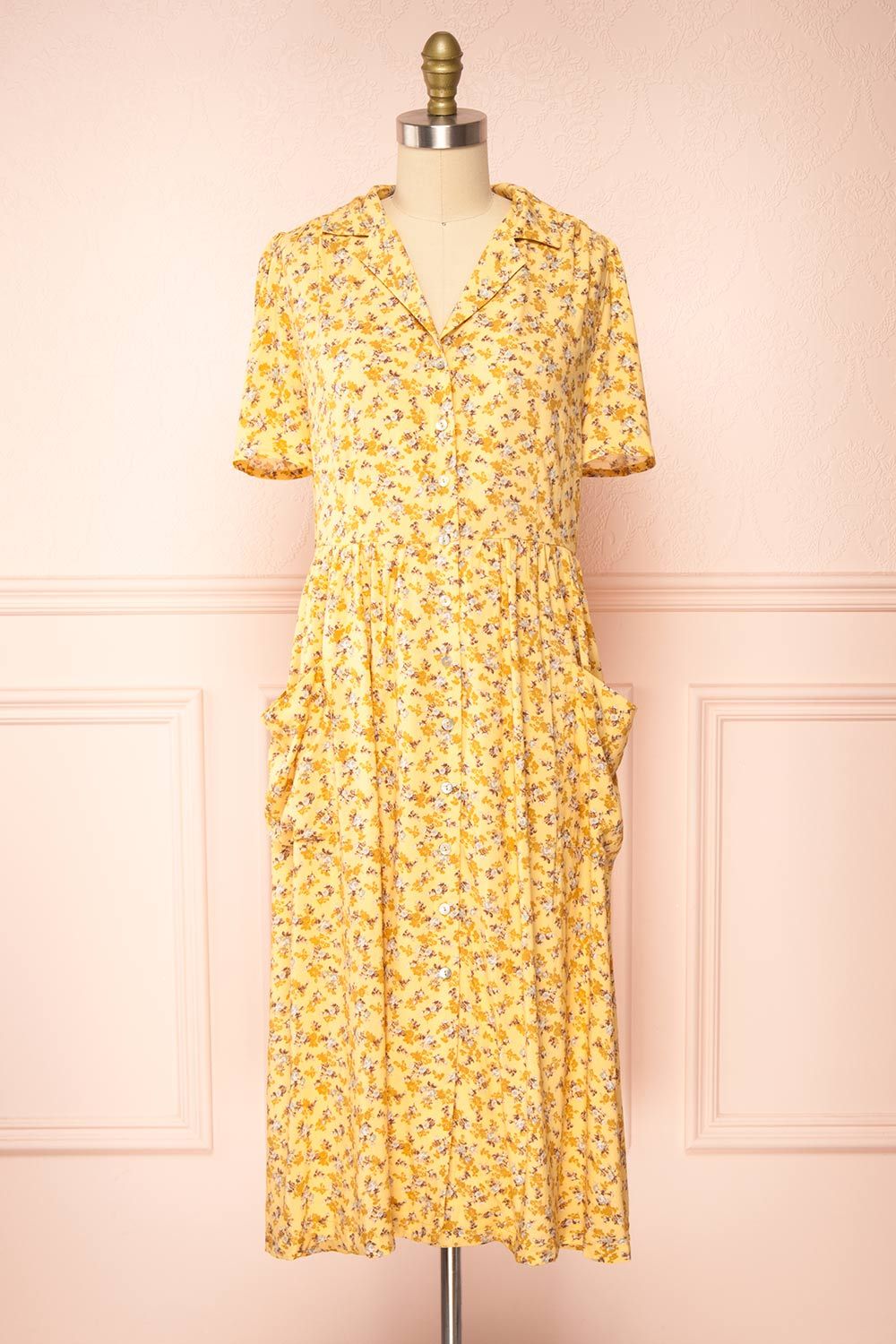Hayal Yellow | Buttoned Floral Midi Shirt Dress sold by Boutique 1861