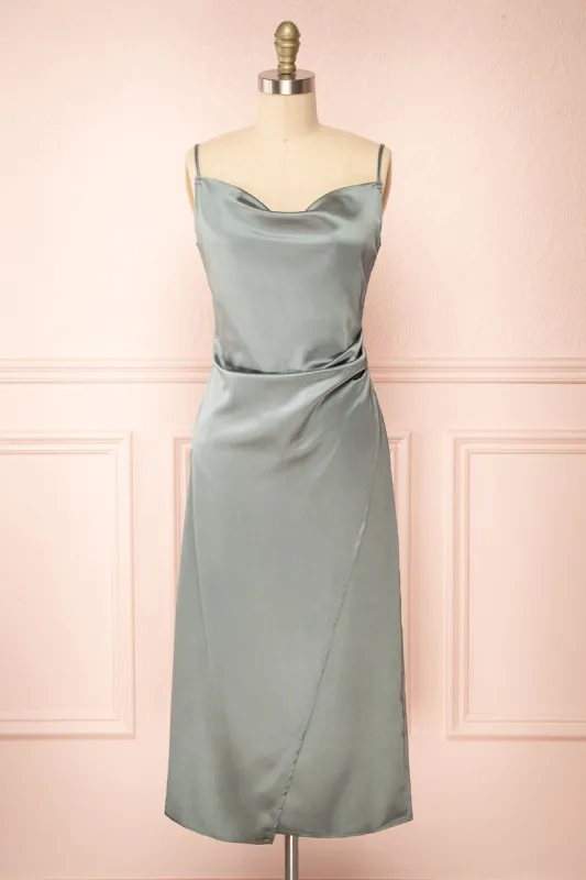 Chloe Silver | Cowl Neck Satin Slip Dress sold by Boutique 1861