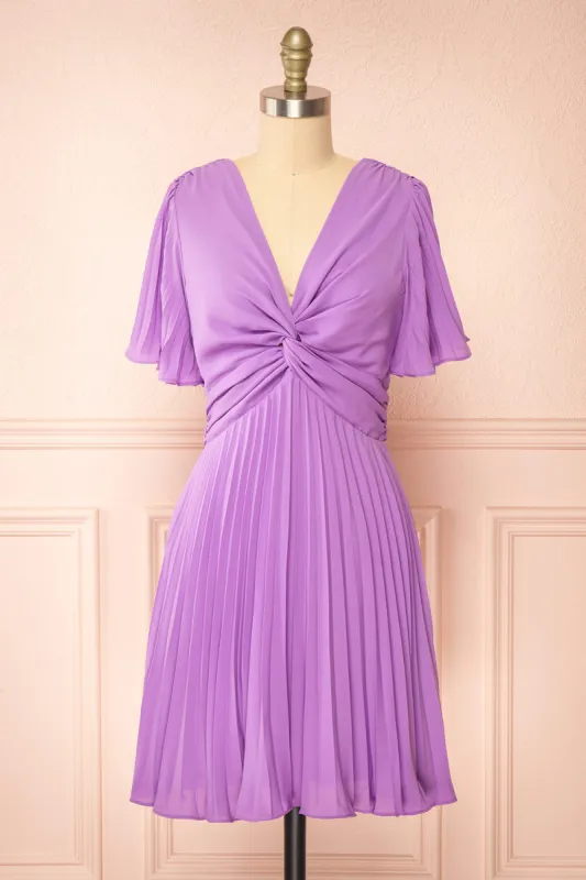 Loubna | Short Purple Pleated Dress sold by Boutique 1861