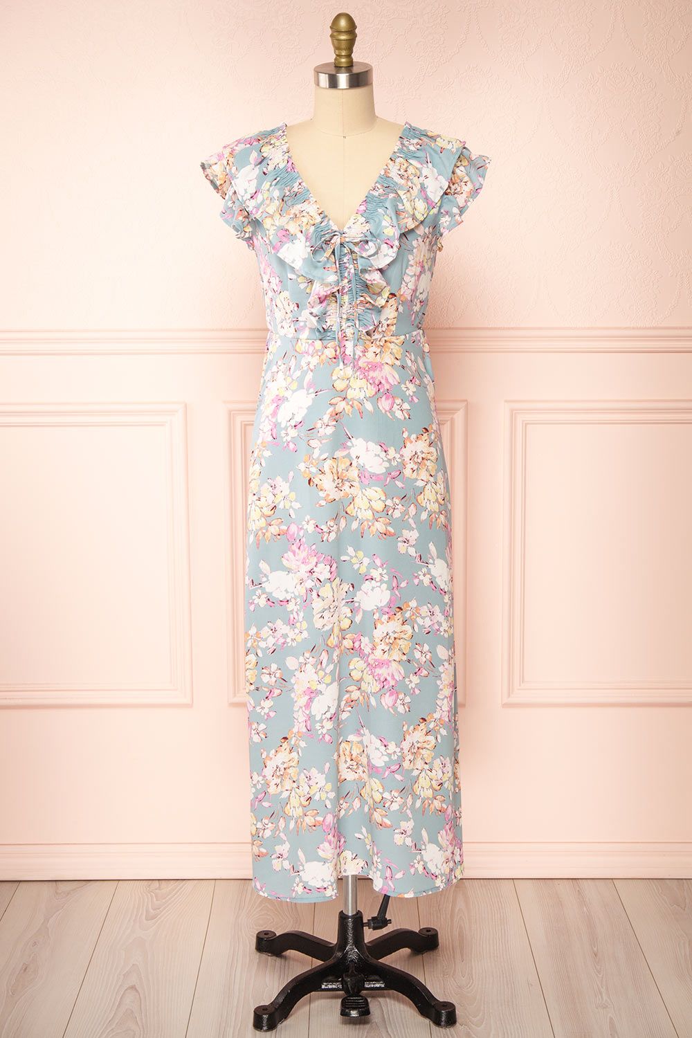 Nicole Blue | Floral Midi Dress w/ Ruffles sold by Boutique 1861