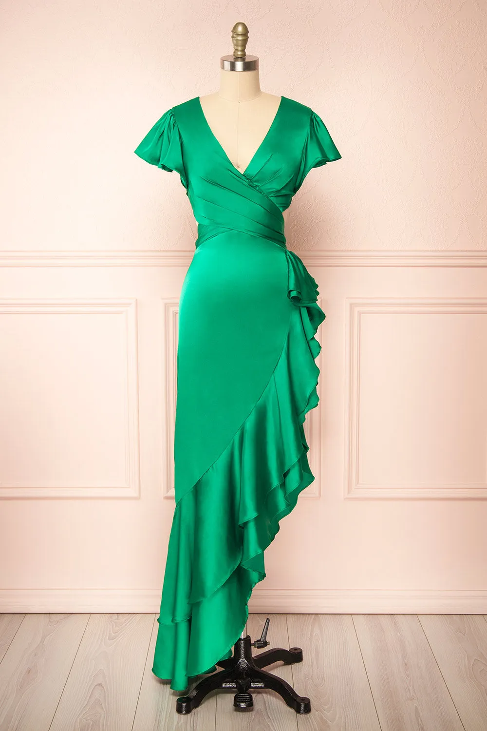 Eirlys Green | Asymmetrical Satin Dress w/ Ruffles sold by Boutique 1861