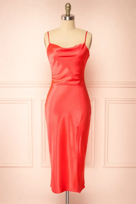 Jordy | Coral-Red Satin Midi Dress w/ Slit made by Boutique 1861