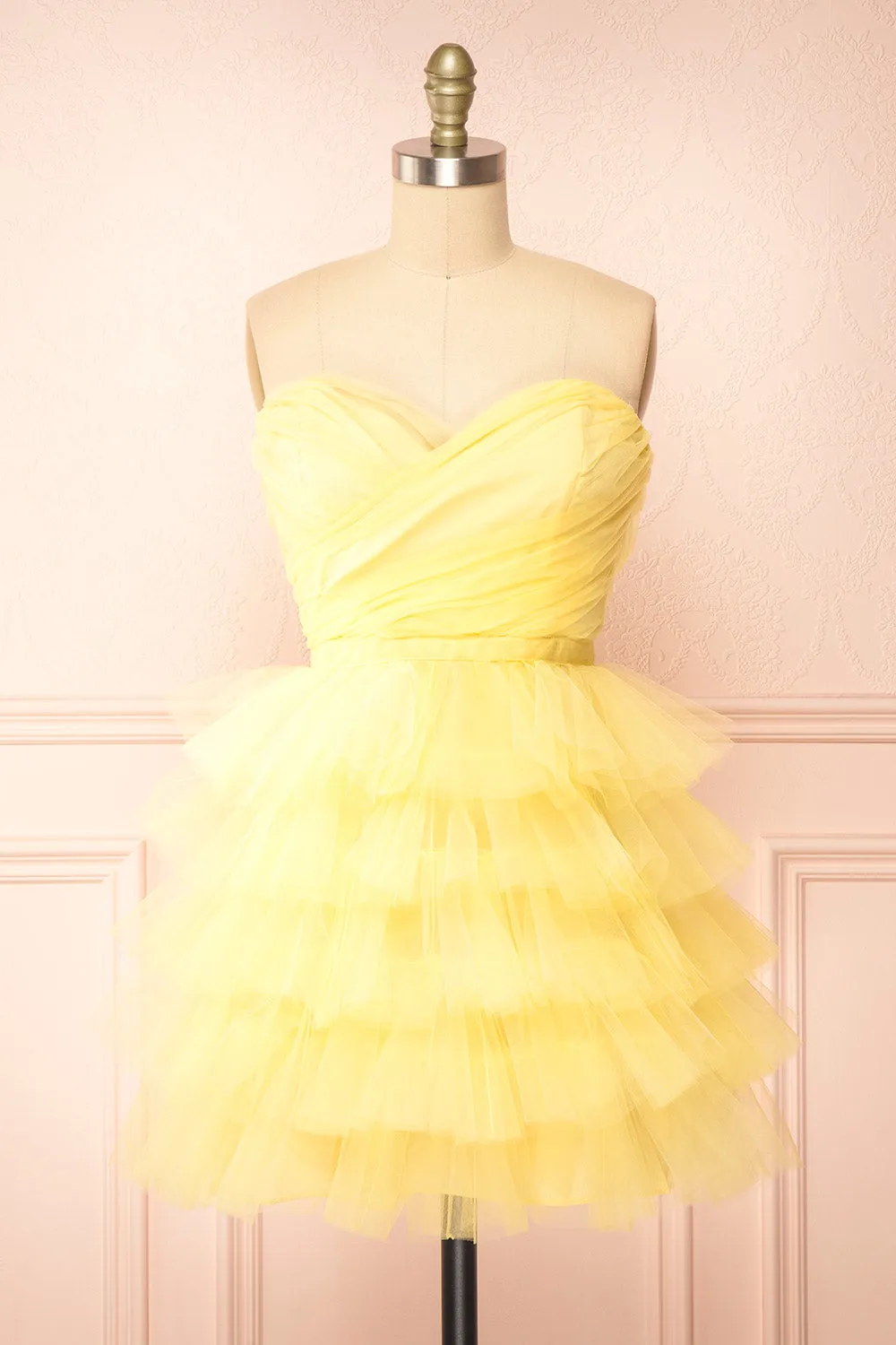 Myrah Yellow | Strapless Tiered Tulle Short Dress sold by Boutique 1861