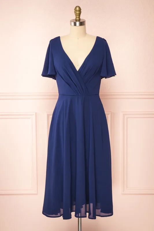 Adelie Navy | V-Neck Chiffon Midi Dress sold by Boutique 1861