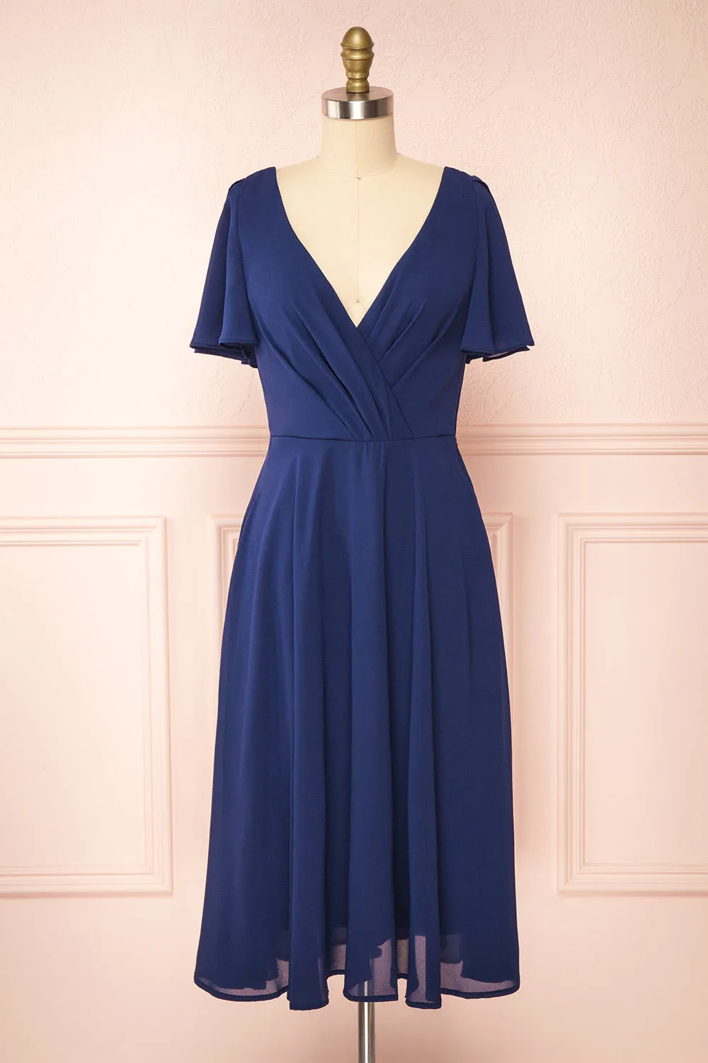 Adelie Navy | V-Neck Chiffon Midi Dress sold by Boutique 1861
