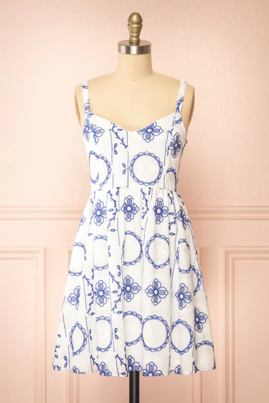 Celena | Short White Dress w/ Blue Embroidery sold by Boutique 1861