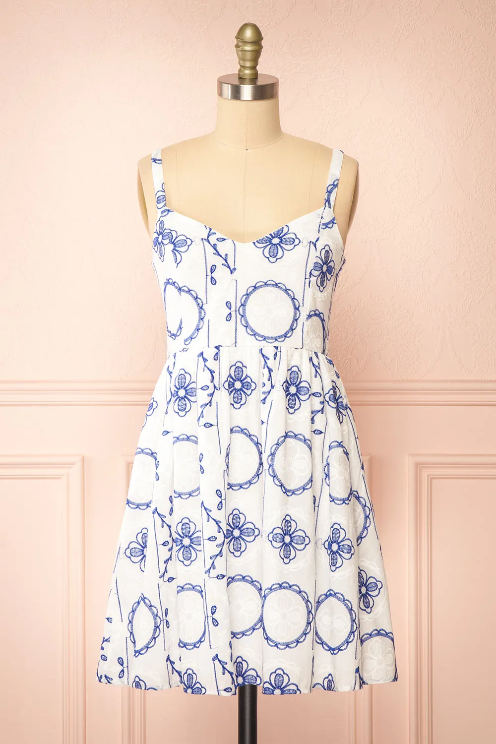 Celena | Short White Dress w/ Blue Embroidery sold by Boutique 1861