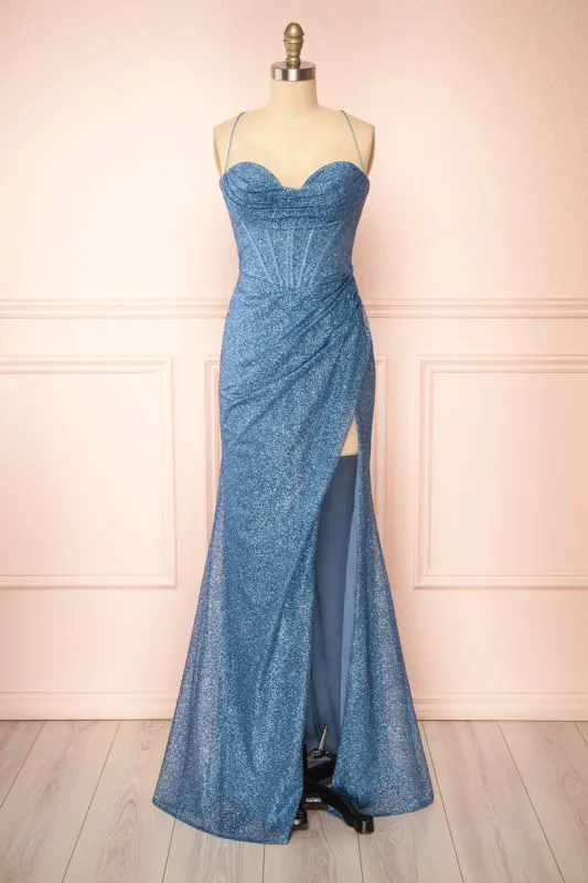 Frosti Blue Grey | Sparkly Cowl Neck Maxi Dress sold by Boutique 1861
