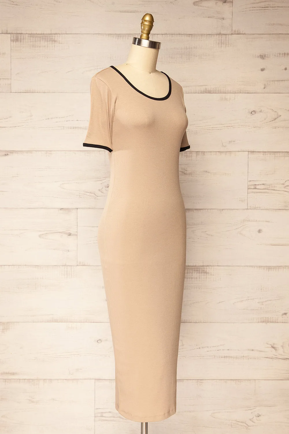 Phloriane Beige | Ribbed Midi Dress w/ Black Trim sold by Boutique 1861 product image thumbnail 3